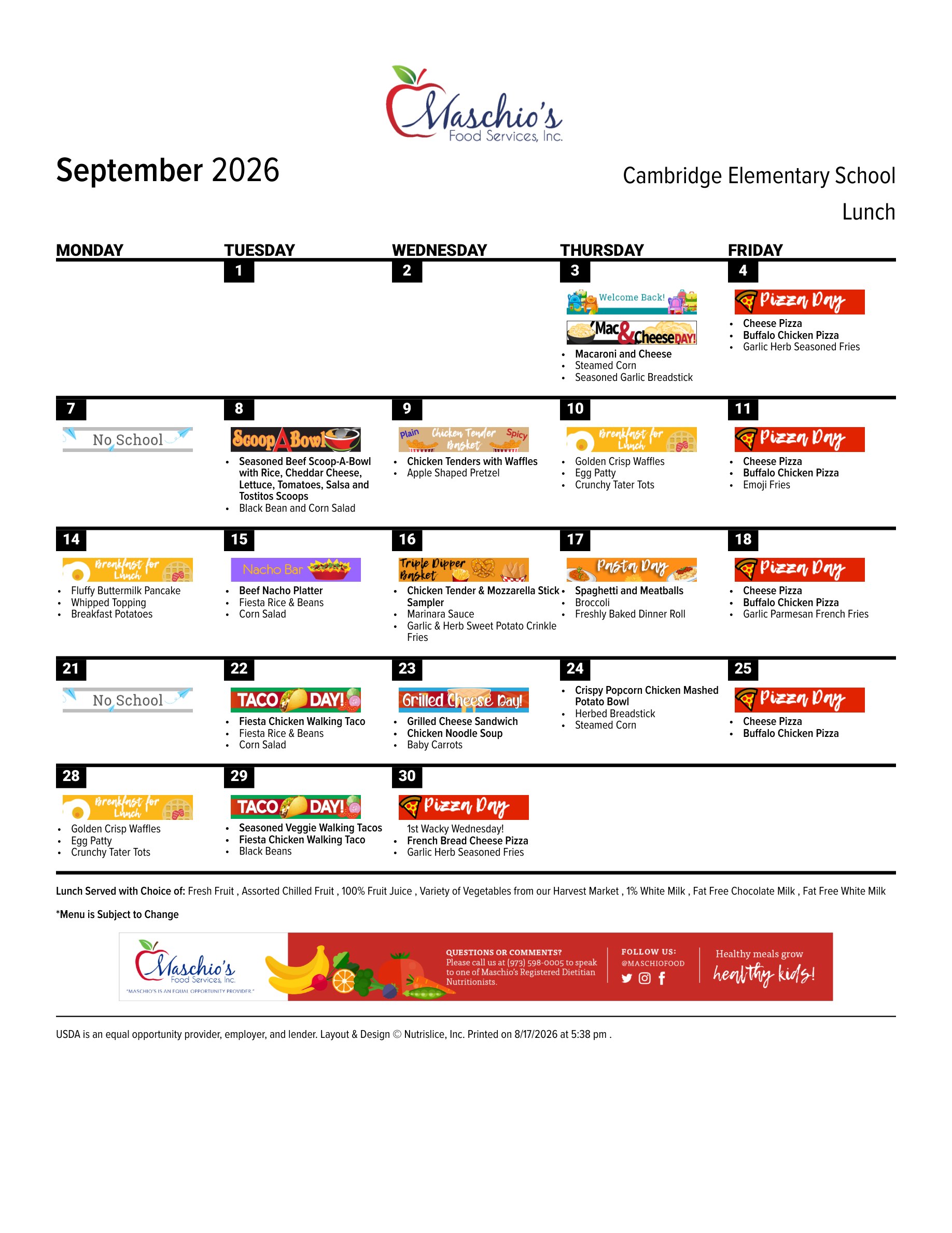 Cambridge Elementary School September 2026 Lunch Menu — click to view larger